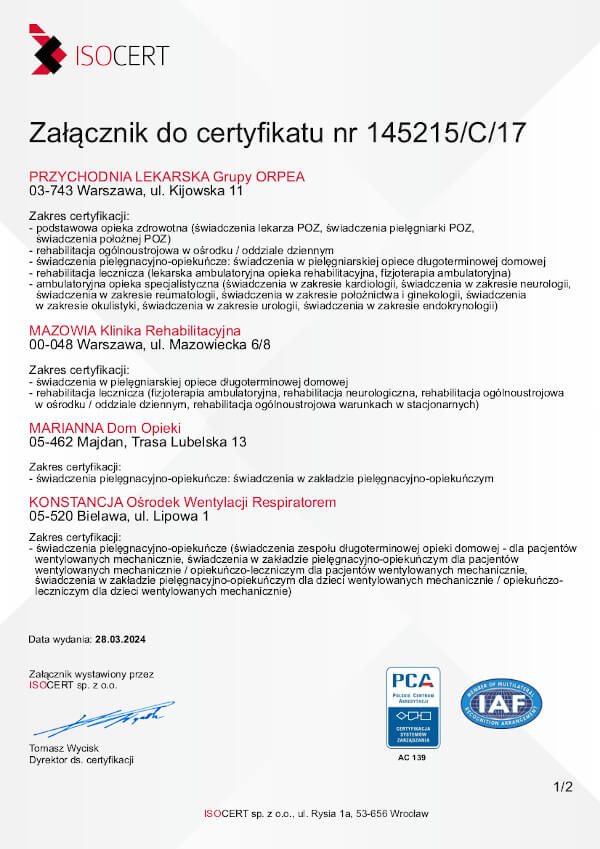 Certyfikat ISO 9001 2015 ORPEA